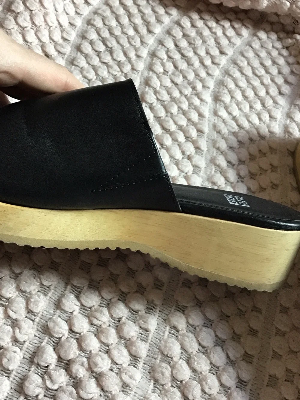 Eileen Fisher Black Novel Leather sandals with real wood Platform